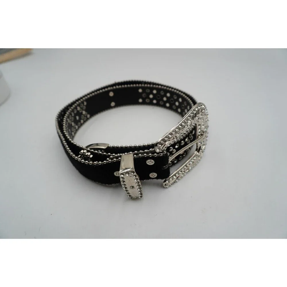Black Pony Hair Cross Stones Studs White Stones Studded Rhinestones Belt 49